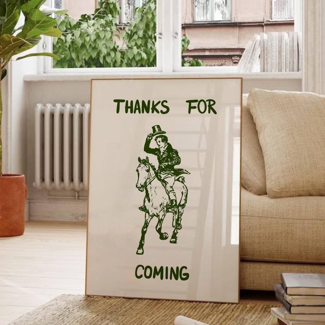 Thanks For Coming Green Vintage Horse Rider Etching Quote Poster