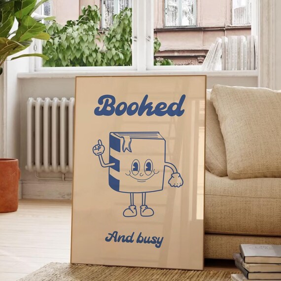 Booked And Busy Retro Blue Book Mascot Poster for Book Lovers and Libraries