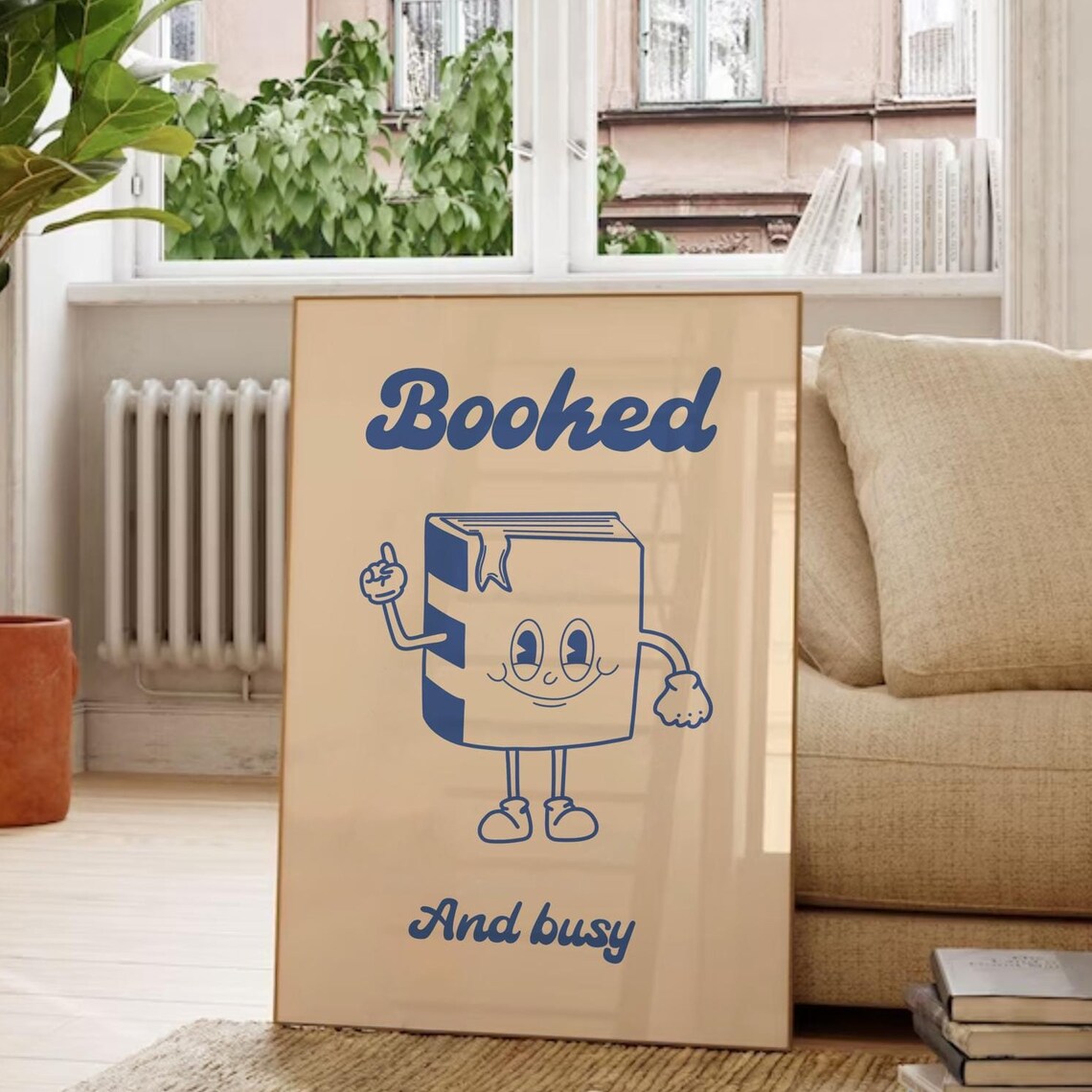 Booked And Busy Retro Blue Book Mascot Poster for Book Lovers and Libraries