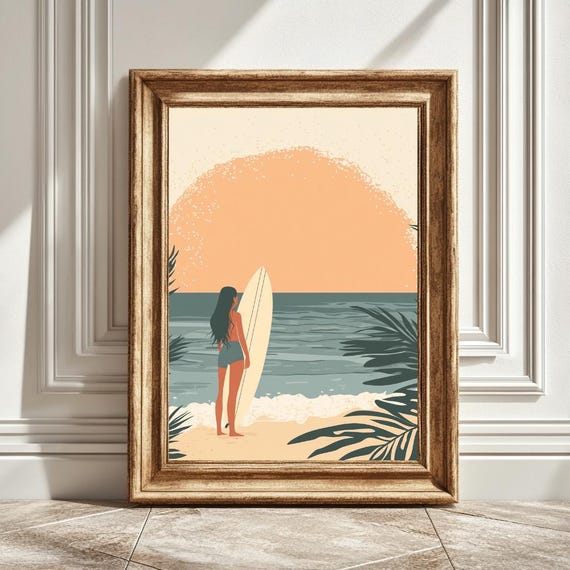 Girl Holding Surfboard, Beach Wall Art Print