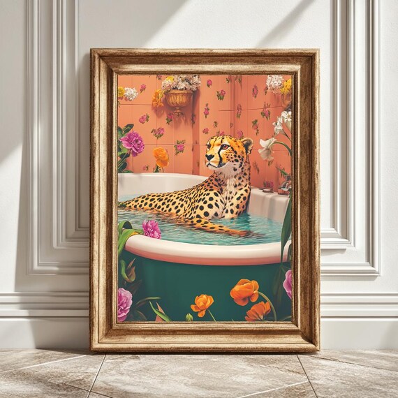Cheetah In Bathtub, Modern Animal Illustration