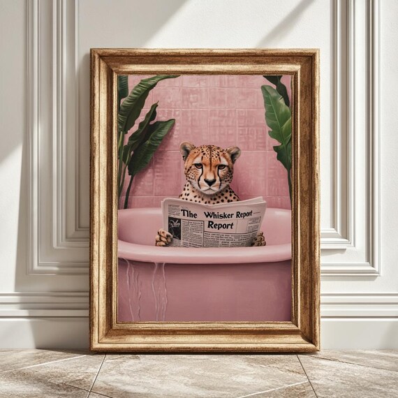 Cheetah In Bathtub Reading Newspaper, Modern Decor