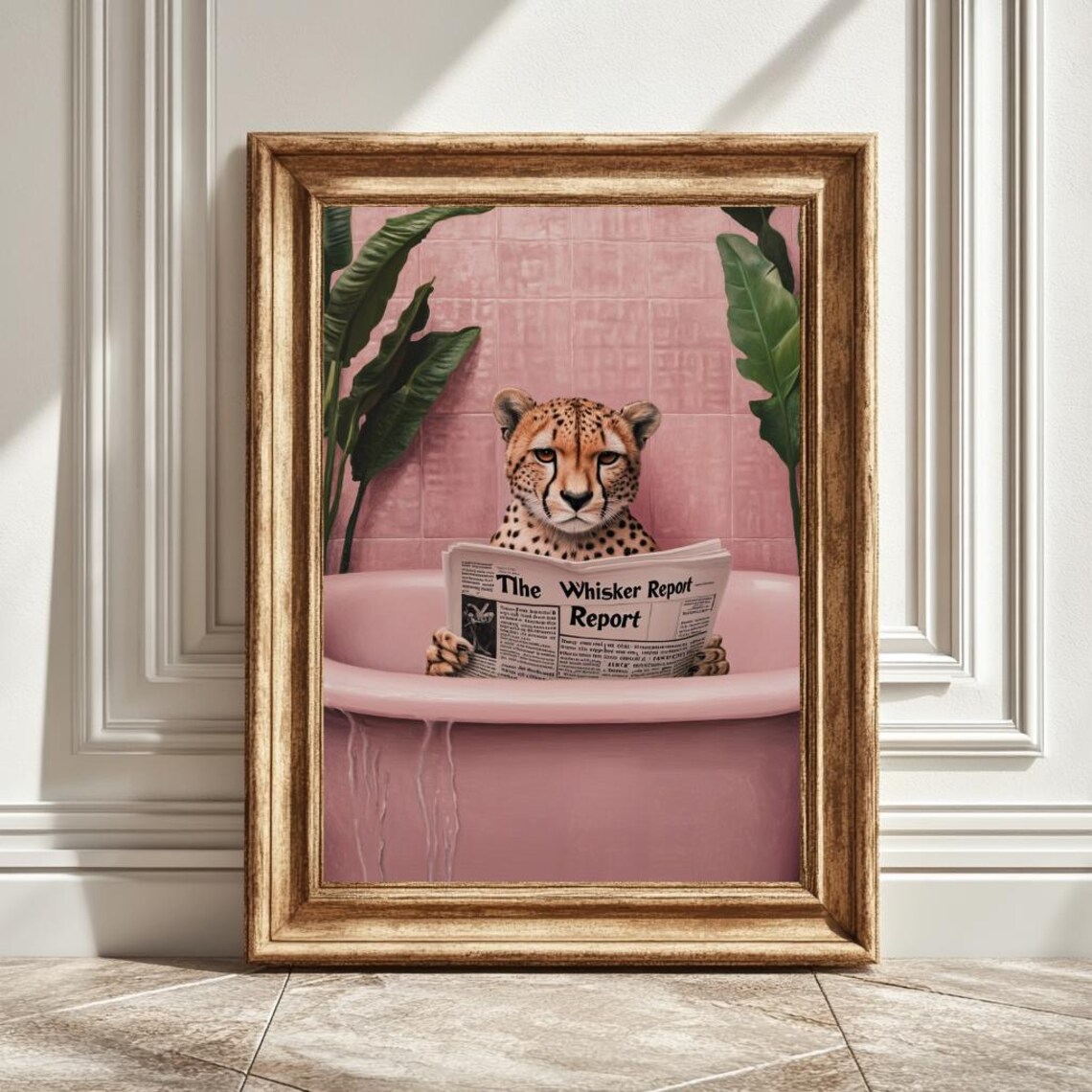 Cheetah In Bathtub Reading Newspaper, Modern Decor
