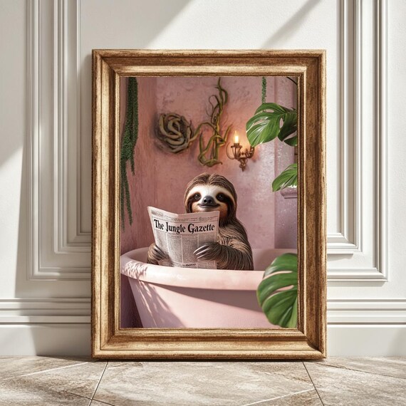 Sloth In Bathtub Reading Newspaper, Quirky Bathroom Art