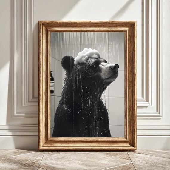 Bear Under The Shower, Bathroom Decor Wildlife Art