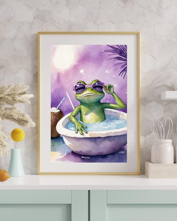 Funny Frog Bathroom Wall Art Watercolor Animal Print Decor