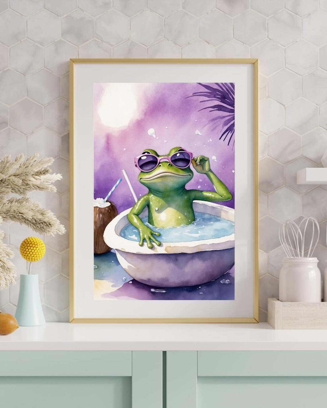Funny Frog In Sunglasses Bath Time Purple Watercolor Animal Poster