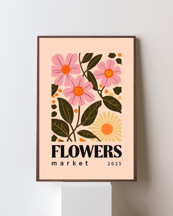 Retro Flower Market Wall Art Vintage Botanical Pink Floral Modern Poster