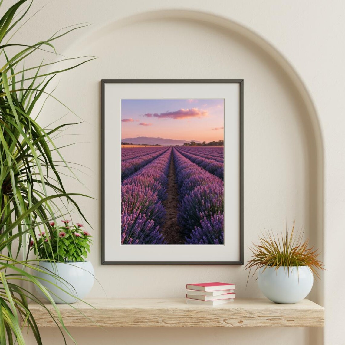 Lavender Field Sunset Purple Rows Calm Floral Landscape Photo Wall Art