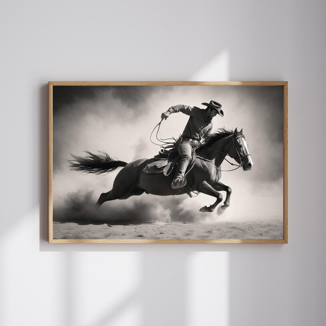 Black and White Cowboy Galloping Horse Lasso Photograph Poster