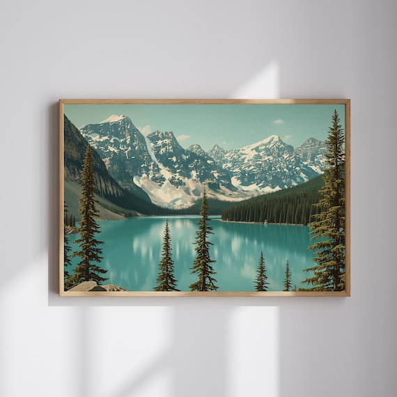 Turquoise Alpine Lake Snow Capped Peaks Vintage Landscape Poster