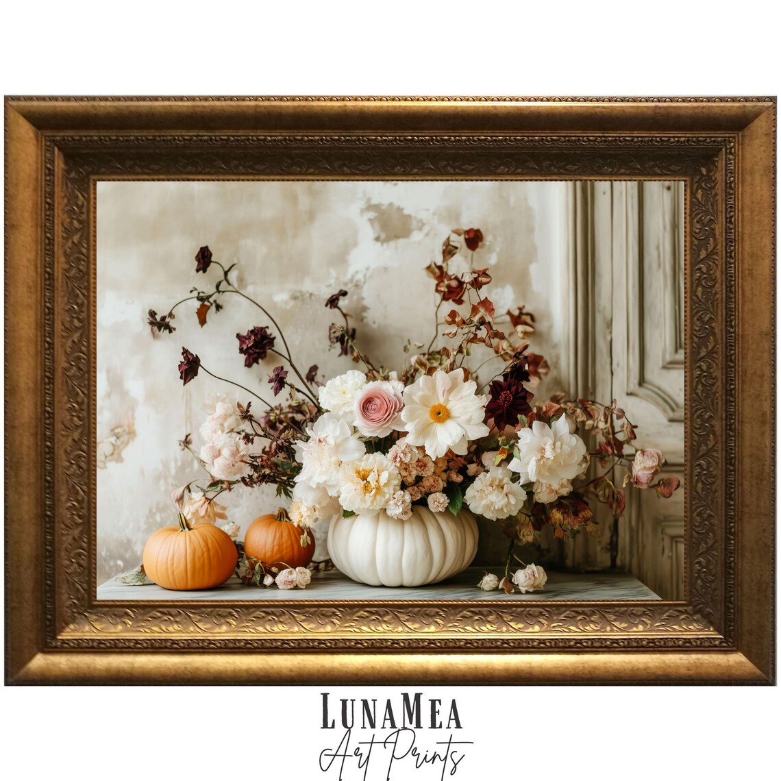 Fall Pumpkin Still Life Painting Autumn Flowers White Pumpkin Vase Wall Art - Image 3