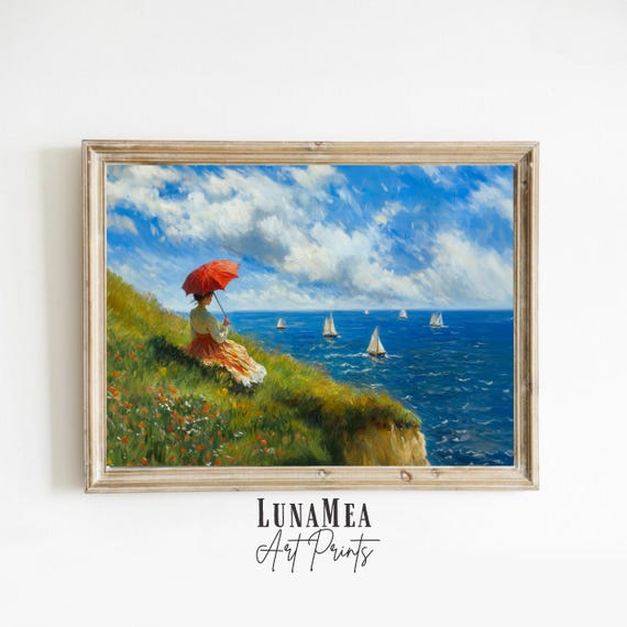 Woman With Parasol By The Sea Claude Monet Style Impressionism Poster Vintage Portrait Wall Art Painting Print