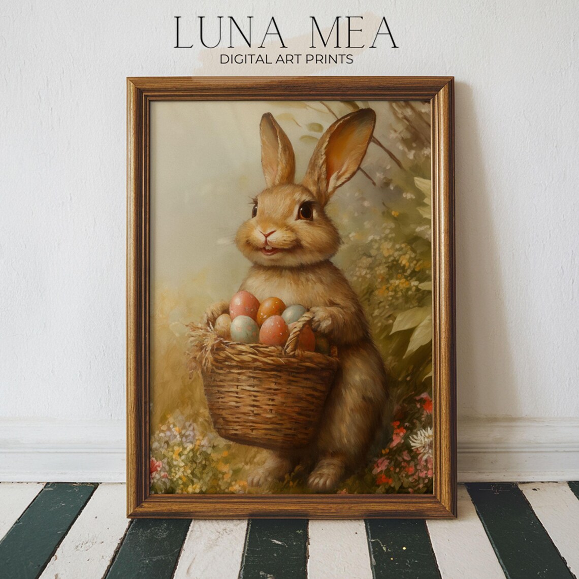 Smiling Easter Bunny Holding Basket Of Painted Eggs Spring Nursery Art Poster - Image 2