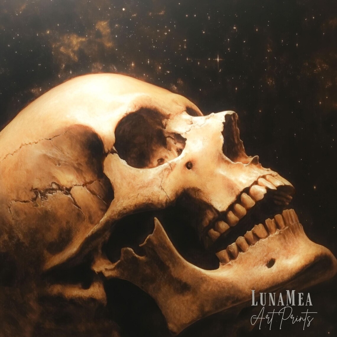 Dark Skull on Starry Night Gothic Skull Painting Moody Academia Wall Art - Image 3