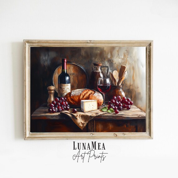 Rustic Still Life With Wine Cheese Bread And Grapes Vintage Kitchen Poster