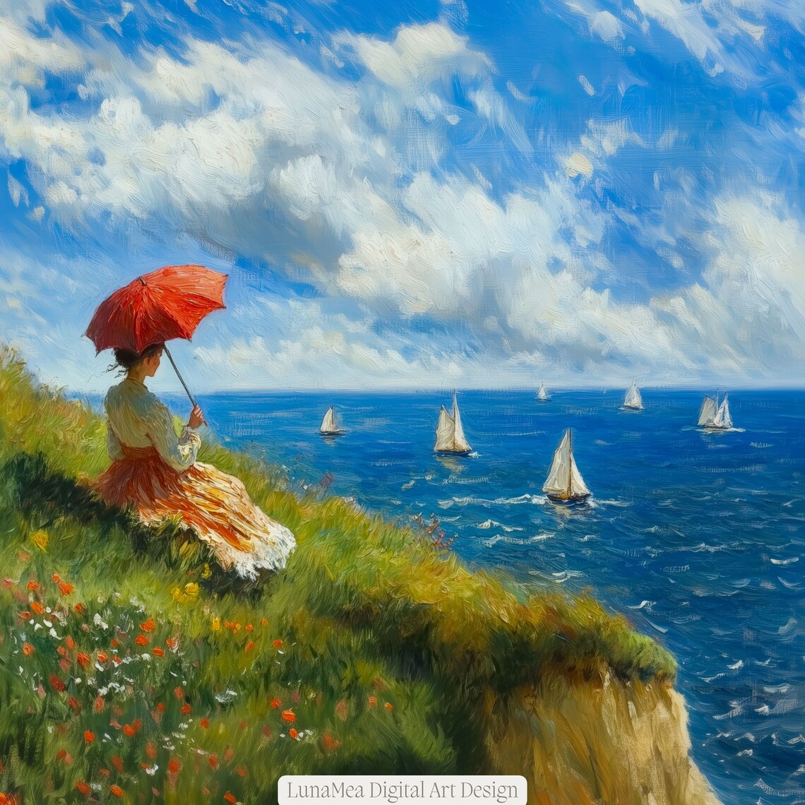 Monet Style Red Parasol Woman Coastal Cliff Sailboats Impressionist Wall Art - Image 2