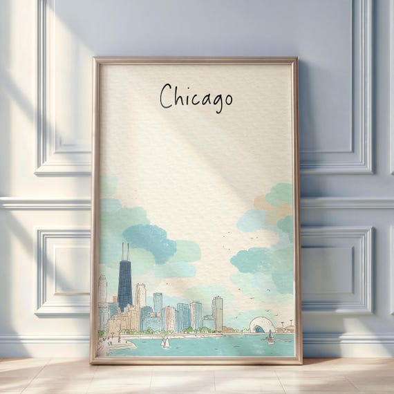 Chicago Watercolor Poster Illinois Skyline Wall Art Printable Travel Decor Download