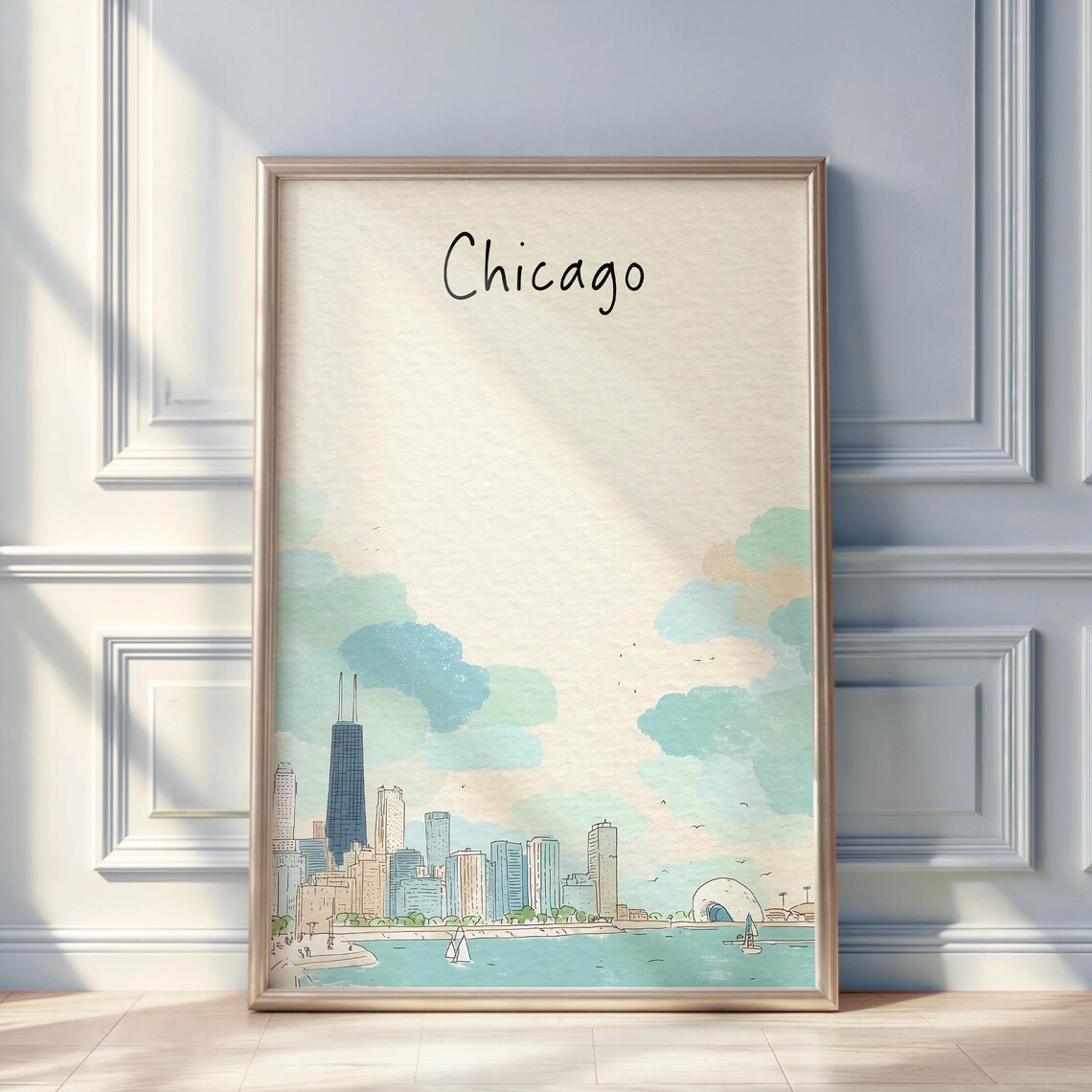 Chicago Watercolor Skyline Poster Lakefront City Minimal Travel Art