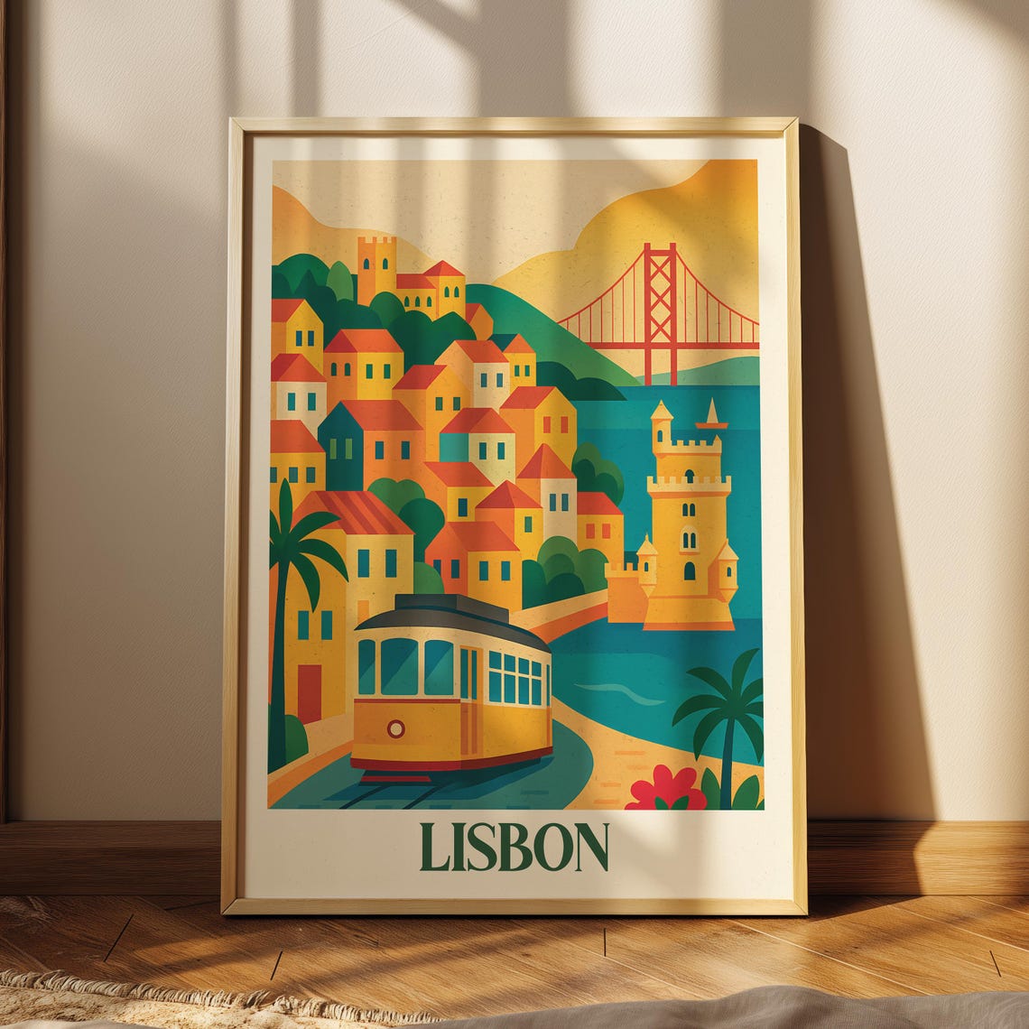 Lisbon Travel Poster With Yellow Tram and Red Suspension Bridge View