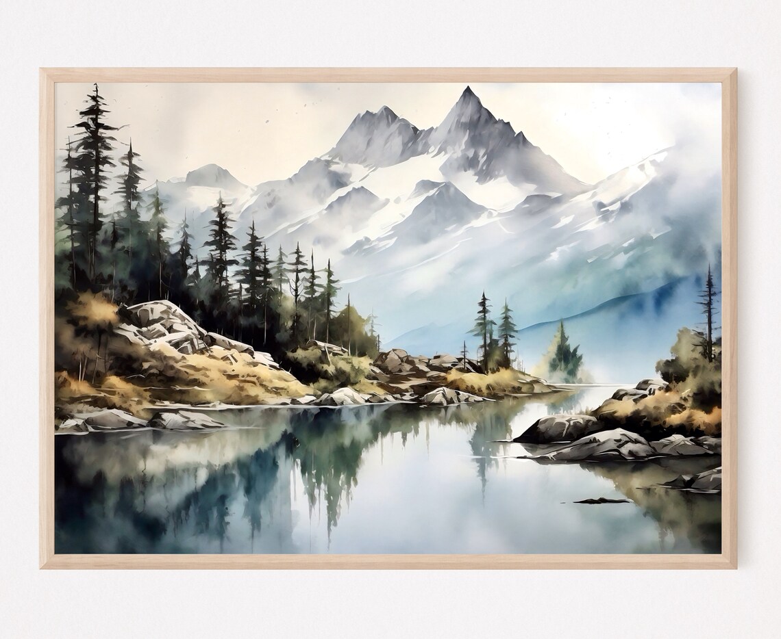 Mountain Lake Watercolor Minimalist Art Print