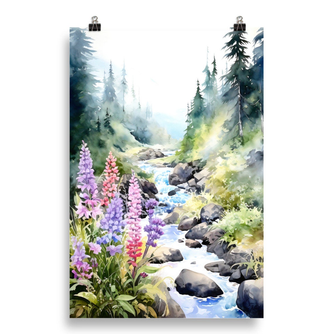 Forest Stream Pink Lupines Rocky Cascades Watercolor Art Poster - Image 5