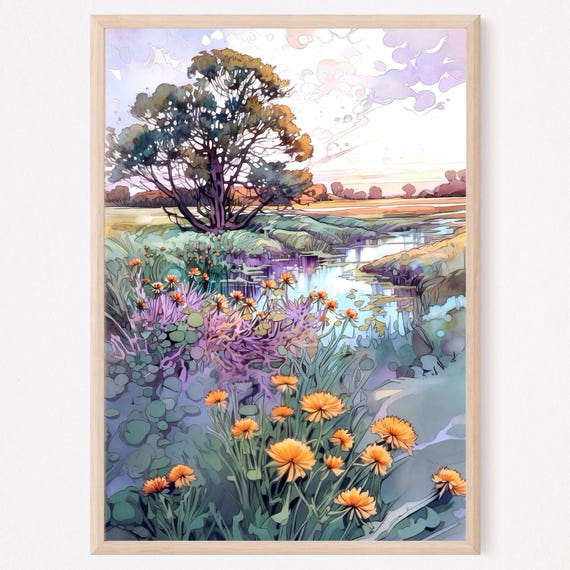 River Watercolor Painting Art Print Summer Wall Decor Country Landscape Green And Purple Nature Poster Home Decor Gift Art
