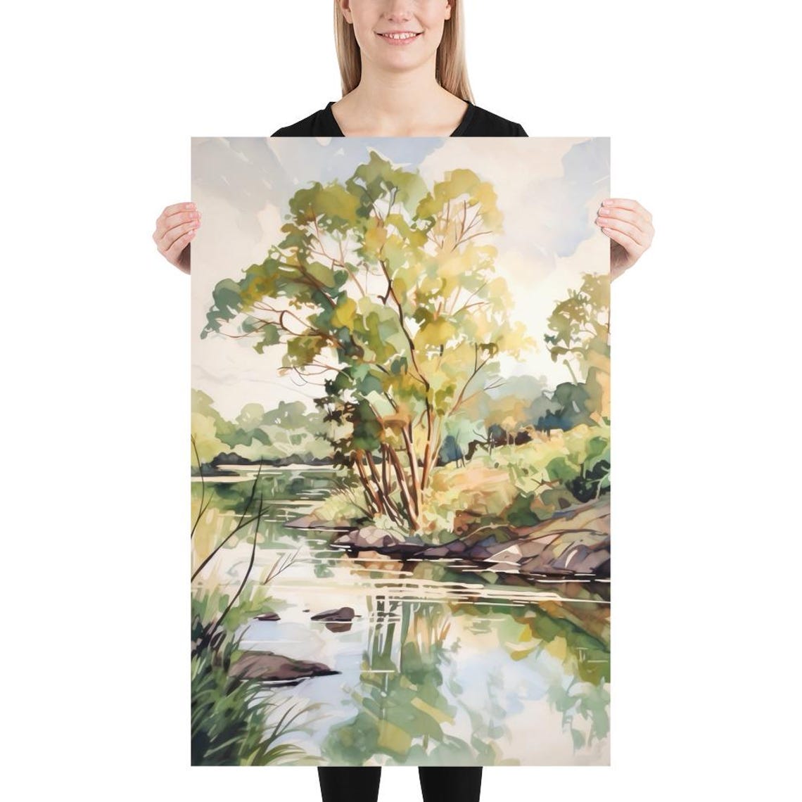 Riverside Tree Reflection Summer Stream Watercolor Art Poster - Image 4