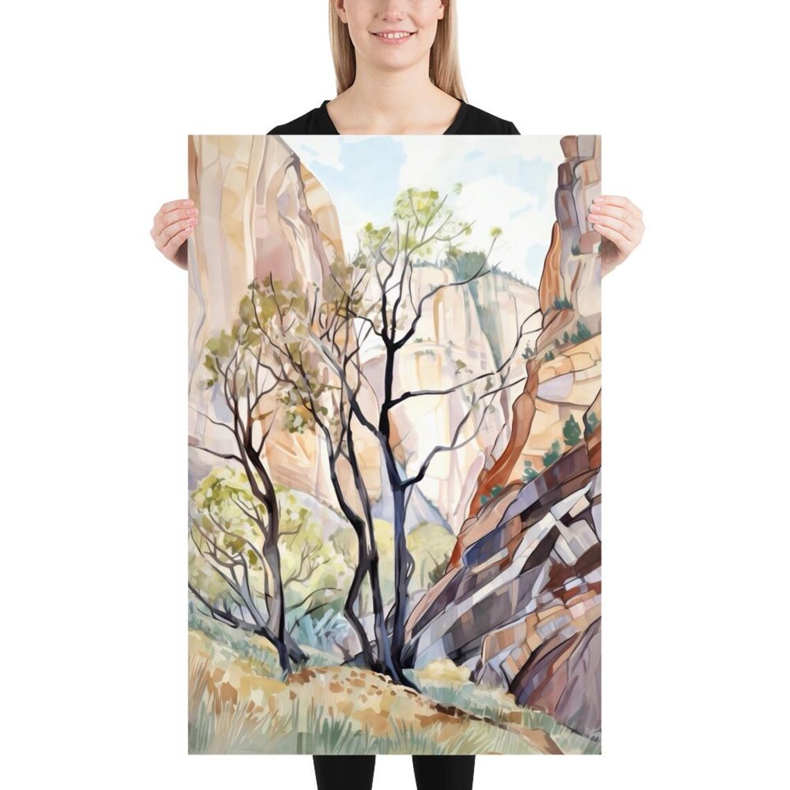 Zion Canyon Trees Red Rock Cliffs Watercolor Nature Art Poster - Image 5
