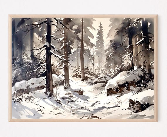 Winter Forest Watercolor Painting Art Print Snowy Forest Wall Art Home Decor Gift