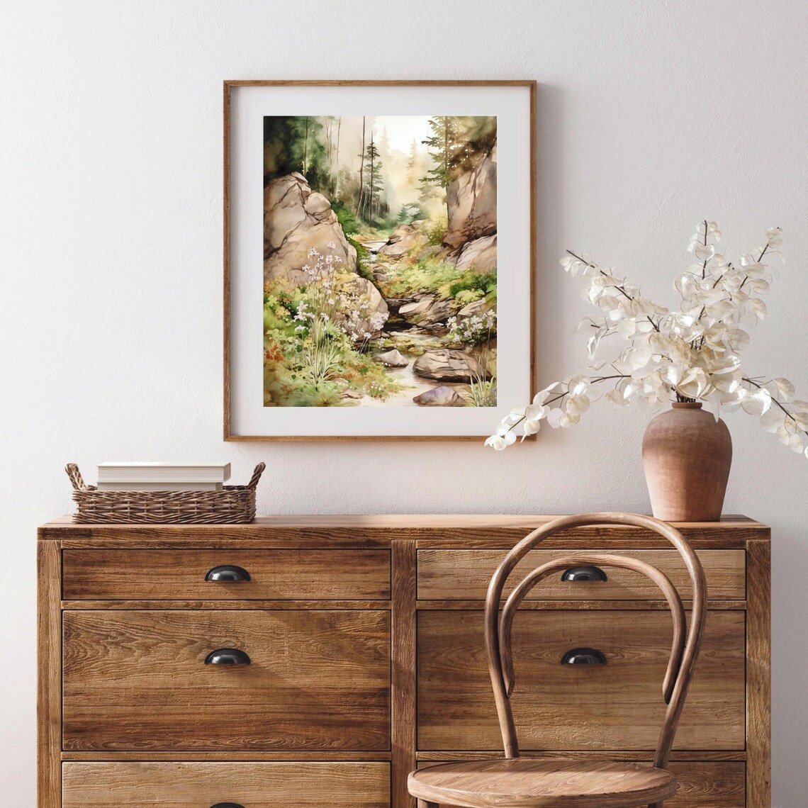 Sunlit Woodland Stream Flowing Through Rocky Ravine Watercolor Poster - Image 2