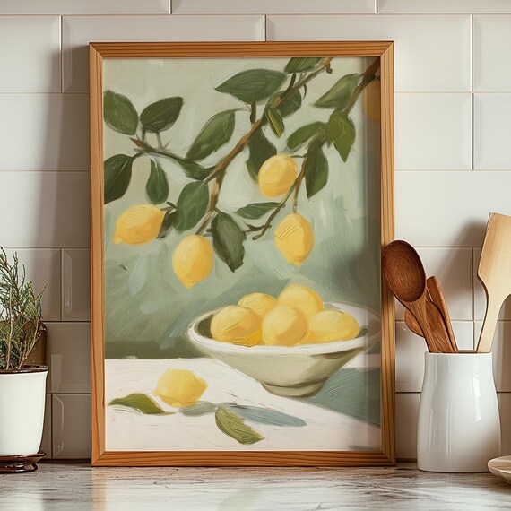 Lemon Tree Branch Bowl of Lemons Painterly Kitchen Wall Poster