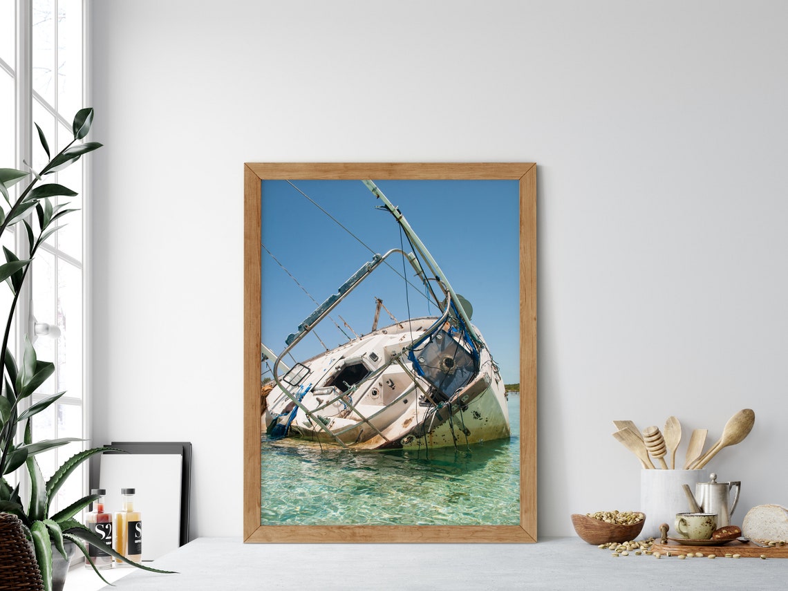 Beached Sailboat Wreck in Shallow Turquoise Island Water Poster - Image 3