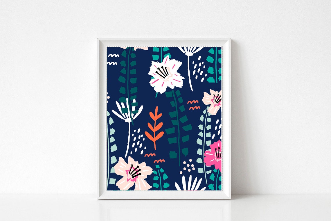 Navy Floral Pattern Blush Pink Blossoms Botanical Garden Poster - Image 3