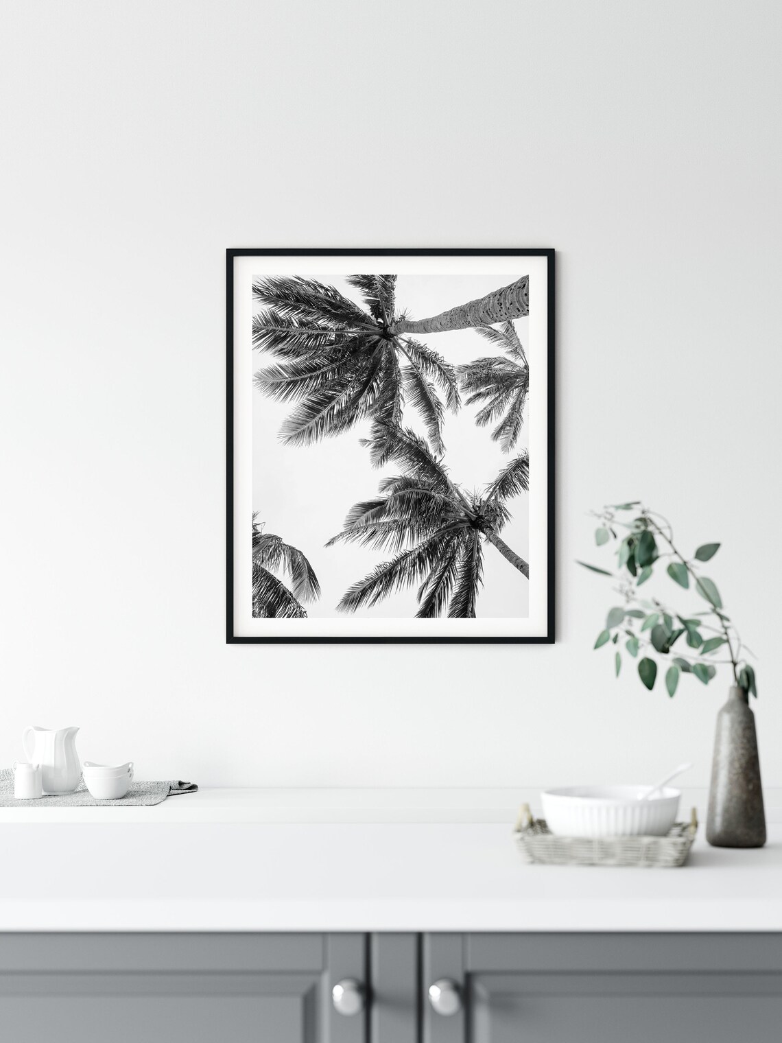 Black and White Upward Photo of Palm Tree Tops From Below Poster - Image 2