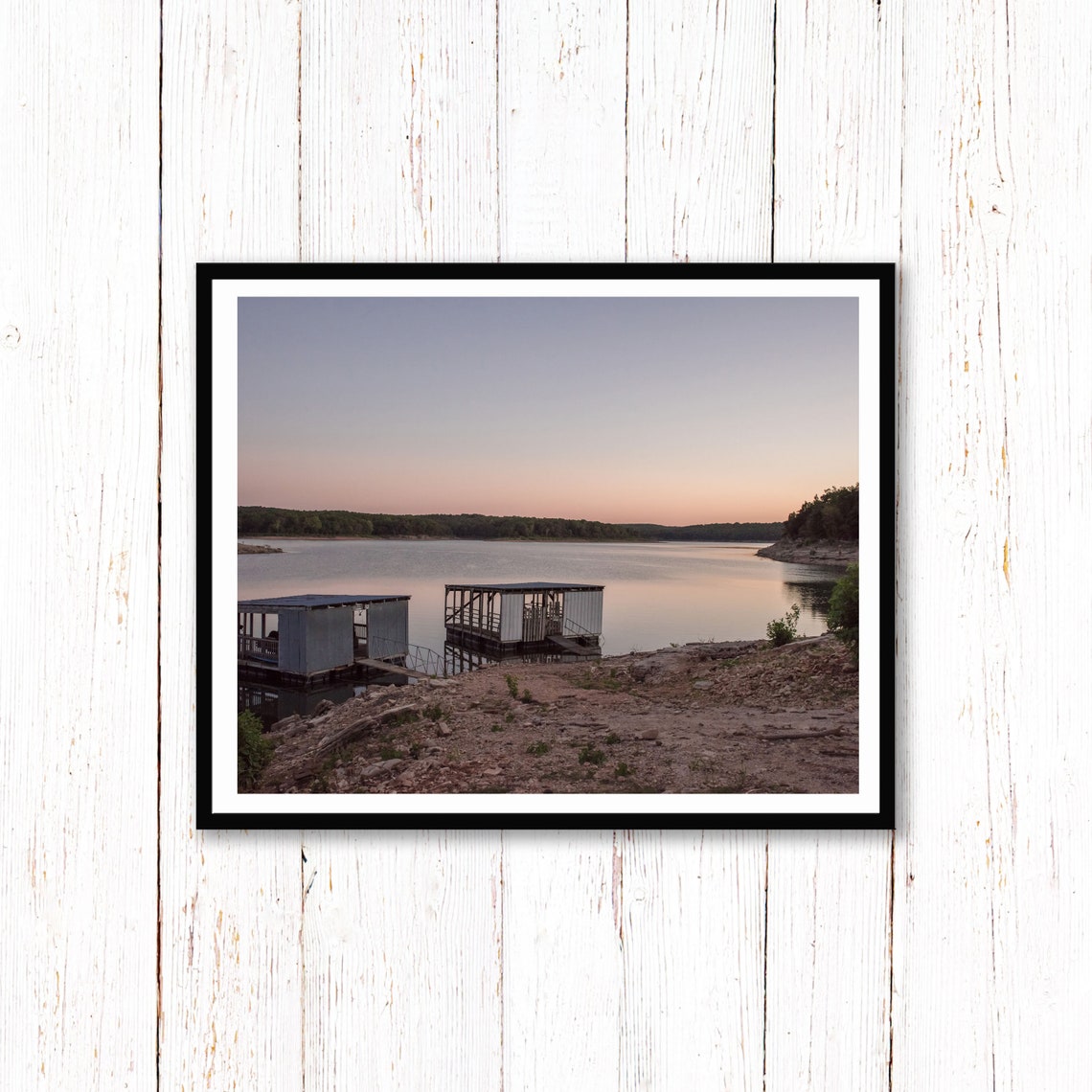 Rustic Boathouses at Sunset Over Calm Lake Water Photography Poster - Image 2