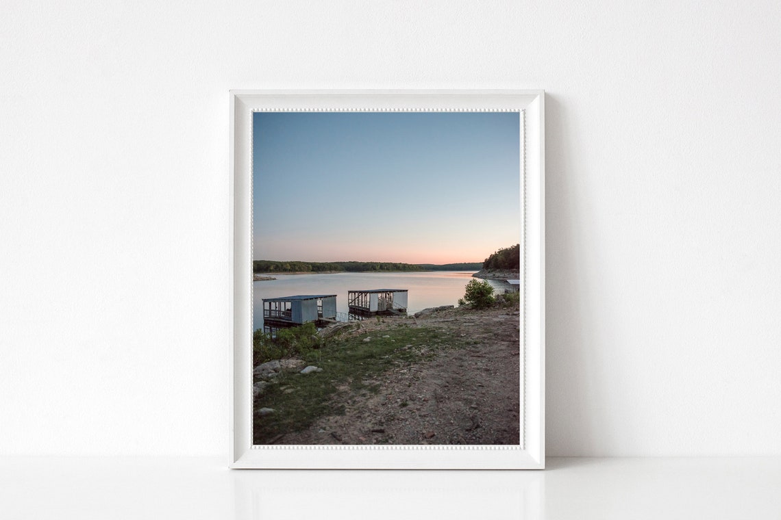 Boathouses on Still Lake at Sunset Pink Horizon Photography Poster - Image 3