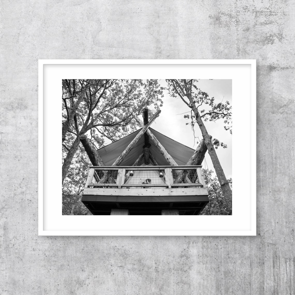 Black and White Glamping Tent Platform in Tall Forest Trees Poster - Image 3