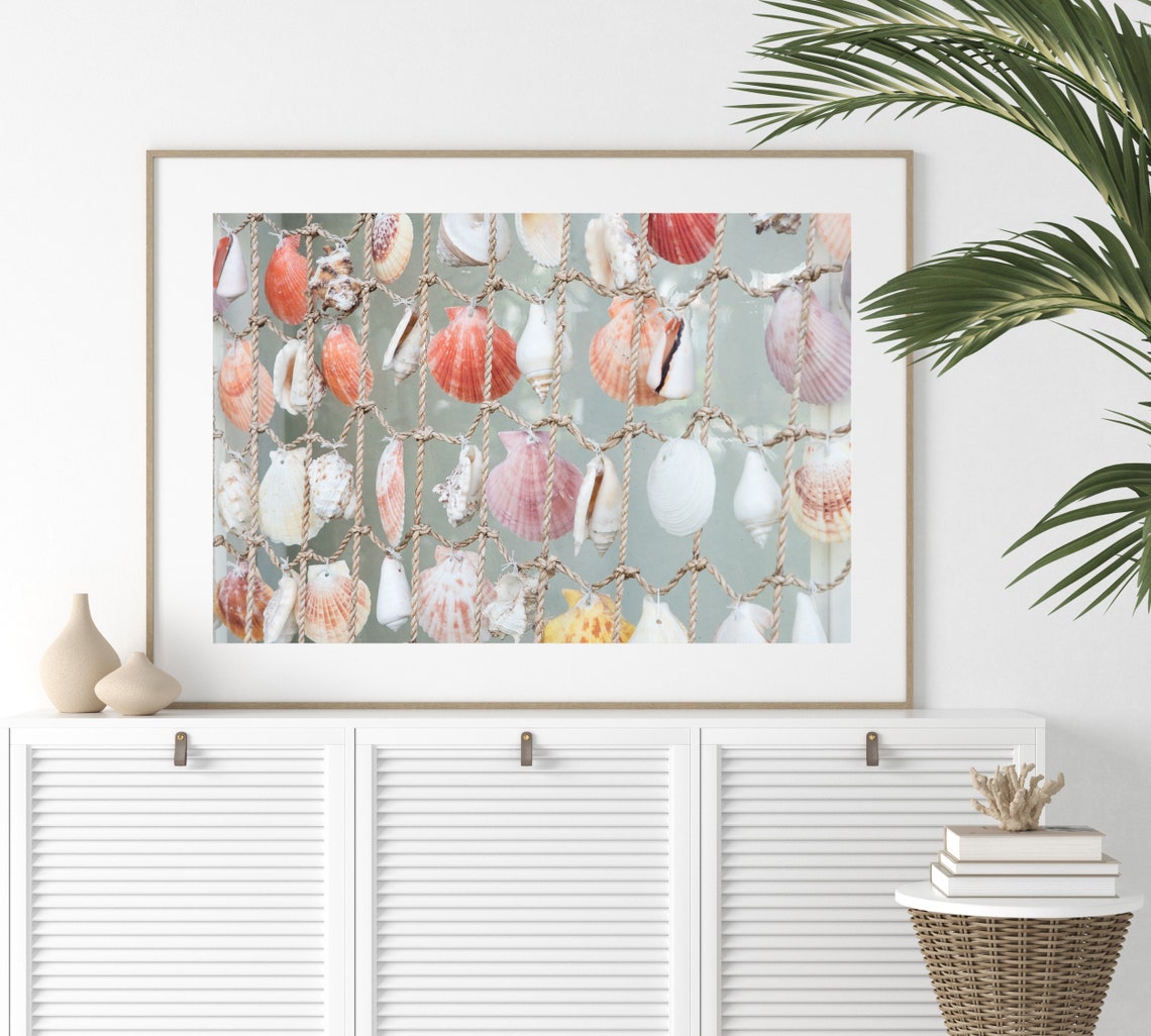 Seashell Curtain on Rope Net Coastal Decor Photography Poster - Image 2