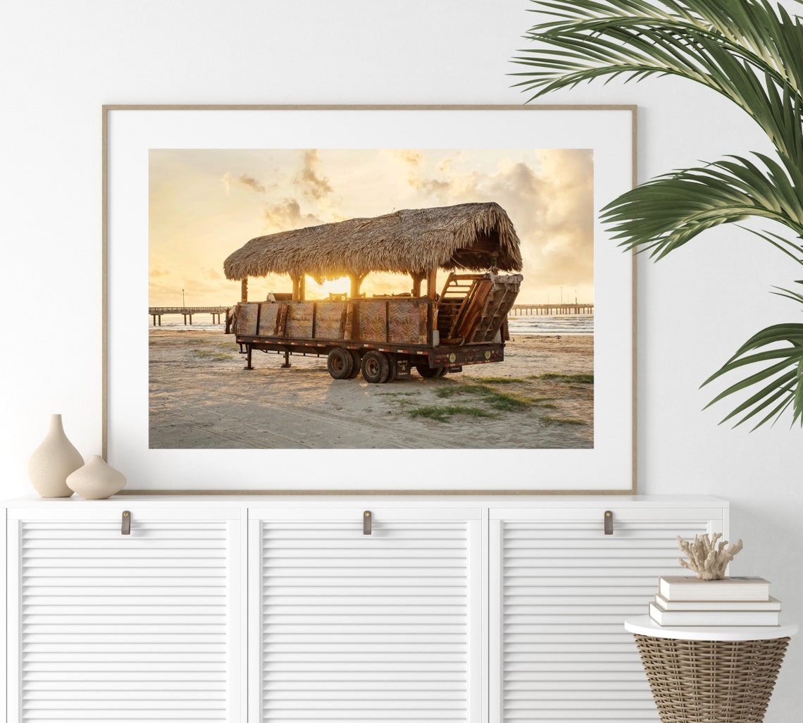 Tiki Bar Trailer on Sandy Beach at Golden Sunset Glow Poster - Image 3