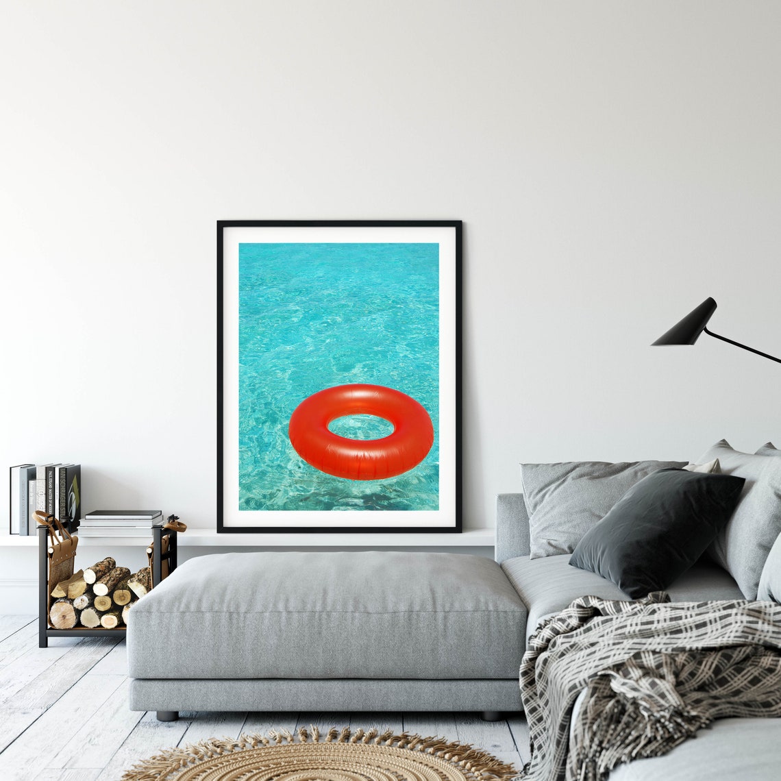 Bright Orange Pool Float Ring Floating in Turquoise Water Poster - Image 2