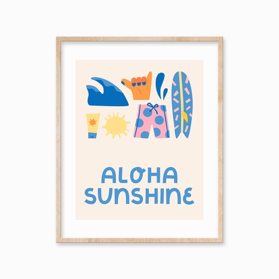 Aloha Print Sunshine Prints For Nursery Bright Wall Art Wall Art Hawaiian Art Surf Decor Surfboard Art