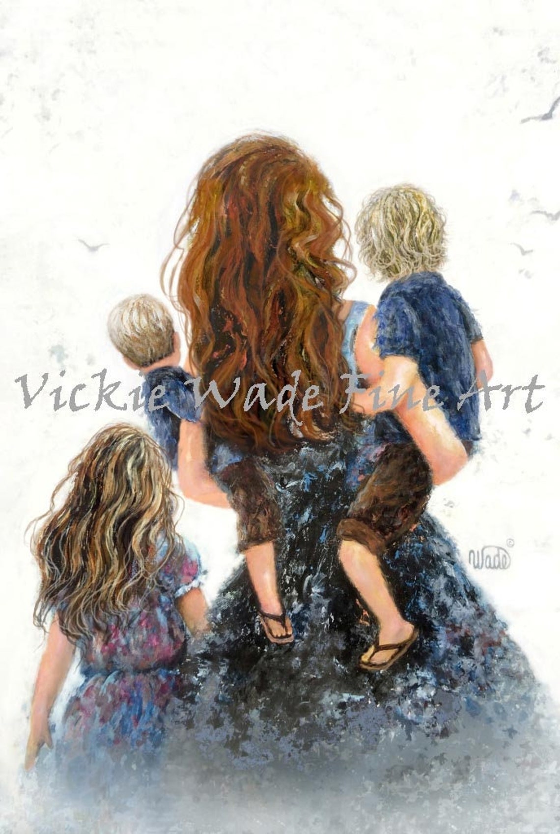 Redhead Mother Carrying Two Sons With Daughter Behind View Poster