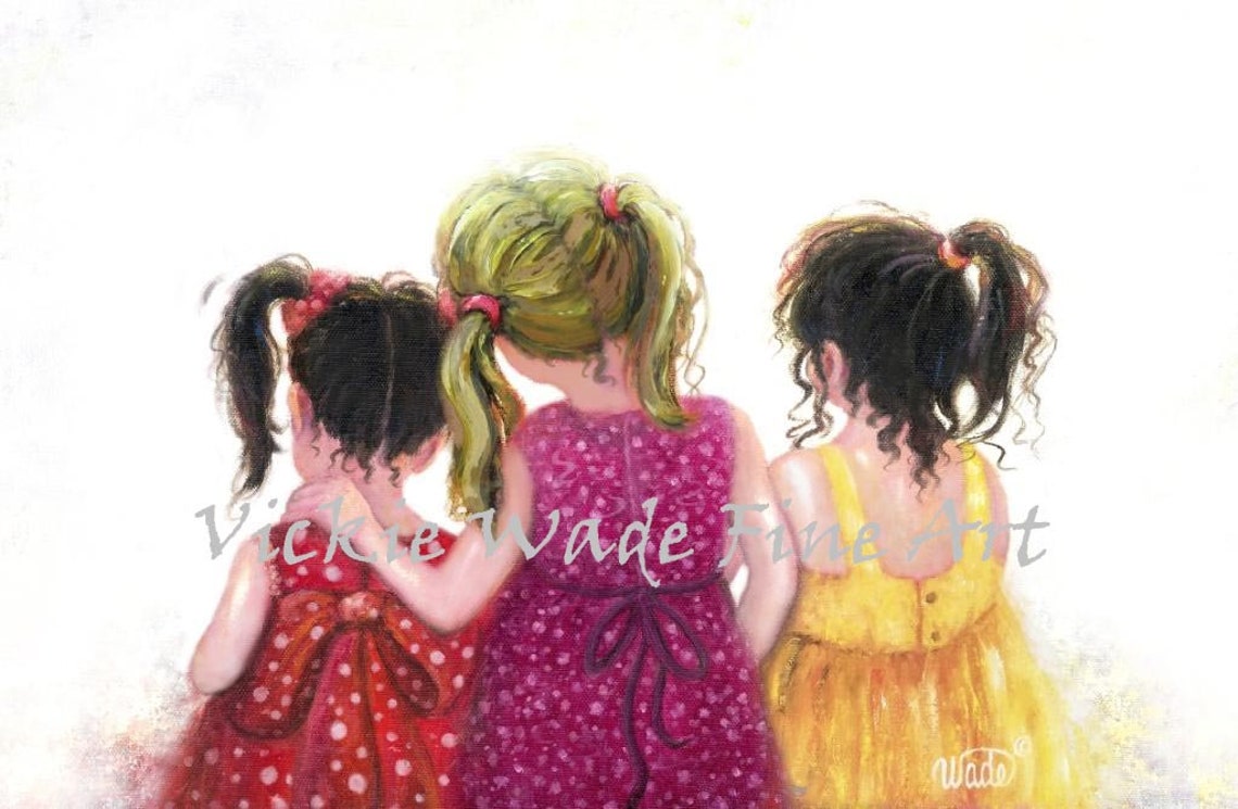 Three Sisters with Ponytails in Bright Colorful Dresses Art Poster