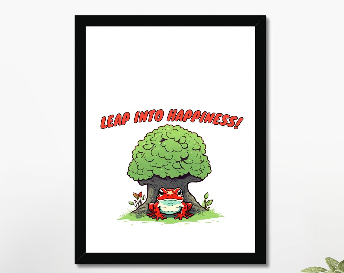 Leap Into Happiness Funny Red Frog Toad Cute Kids Room Quote Art Poster