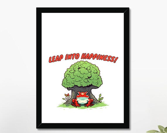 Leap Into Happiness Funny Red Frog Toad Cute Kids Room Quote Art Poster
