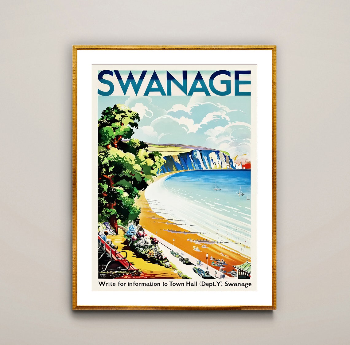 Swanage England Vintage Seaside Beach and Cliffs Holiday Poster
