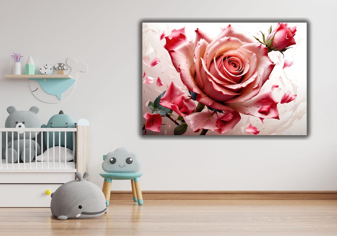 Pink Rose Macro Floral Art Falling Petals Romantic Bloom Poster
