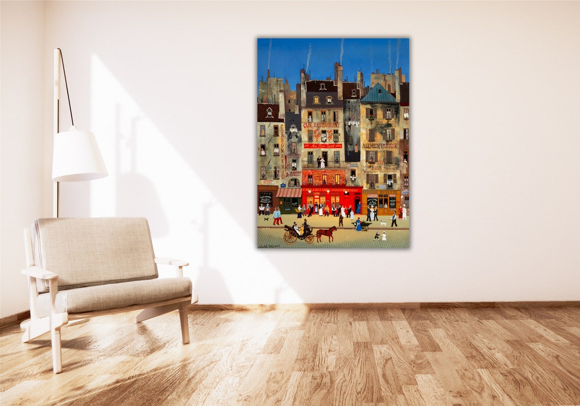 Naive Paris Street Cafe Scene Horse Carriage Folk Art Poster - Image 2