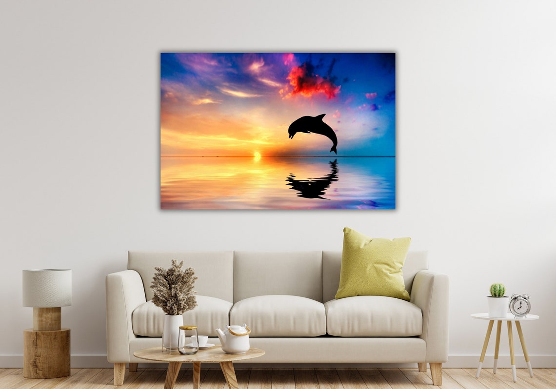 Dolphin Silhouette Leaping At Sunset Ocean Reflection Wildlife Poster